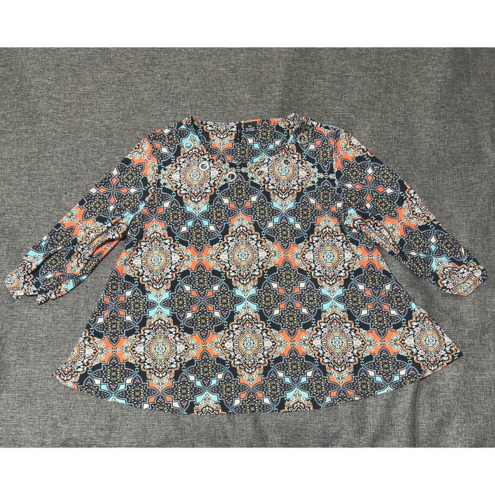 New Directions Women's PXL Blouse Multicolor Medallion‎ Print Grommet Neck